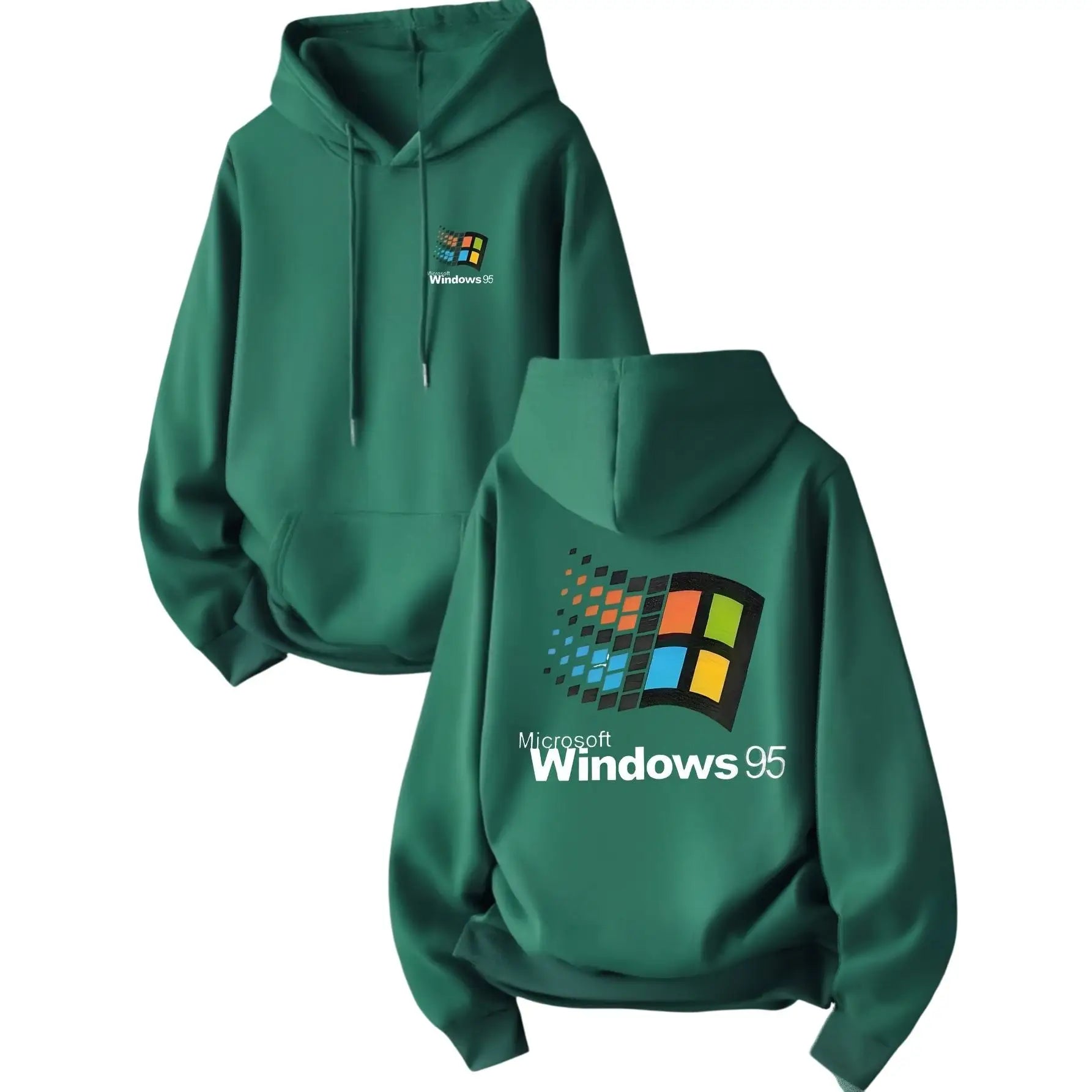 Sweatshirt capuche homme windows 95 vert foncé avec logo coloré pixelisé au dos et petit logo sur poitrine style urbain