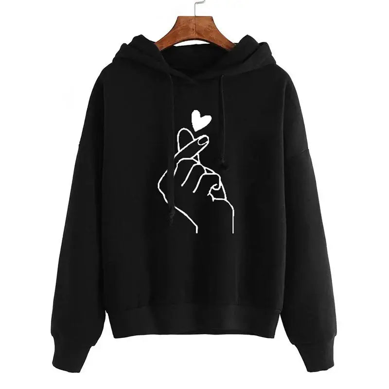 Sweatshirt à capuche love money noir avec motif graphique blanc main faisant le geste doigt coeur