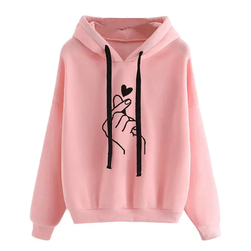 Sweatshirt à capuche love money rose avec cordons noirs et motif minimaliste main faisant le geste finger heart