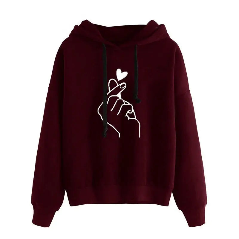 Sweatshirt à capuche maroon avec motif line art blanc main faisant le geste finger heart pour capuche love money