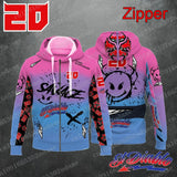 Sweatshirt capuche moto racing à dégradé rose et bleu avec imprimé el diablo et accents rouges pour équipe de moto racing