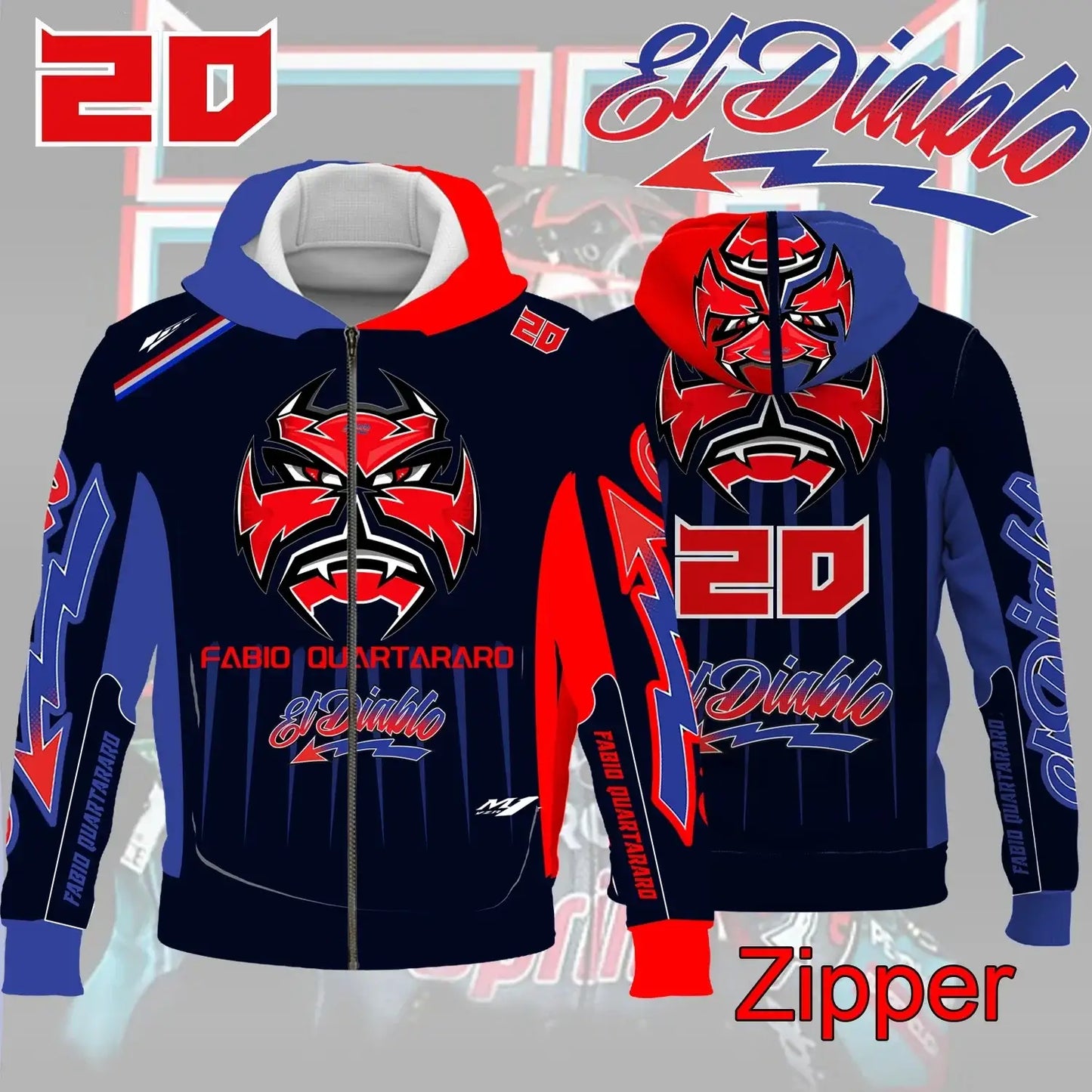 Sweatshirt capuche moto noir avec masque el diablo rouge et bleu 20 fabio quartararo avec doublure blanche