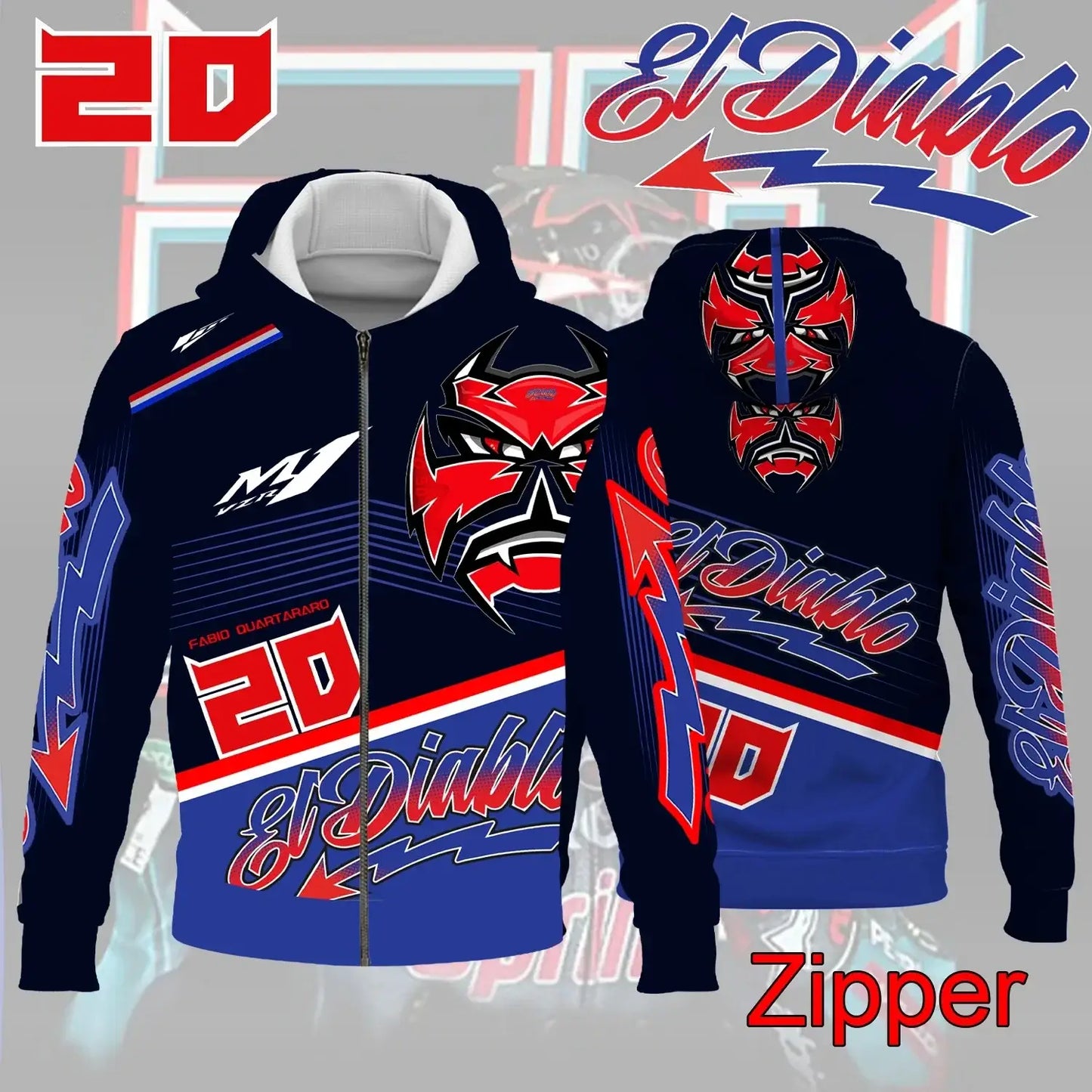 Sweatshirt capuche moto noir et bleu avec masque el diablo rouge chiffre 20 et branding fabio quartararo equipe de moto racing