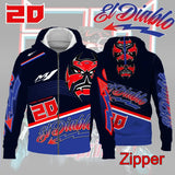 Sweatshirt capuche moto noir et bleu avec masque el diablo rouge chiffre 20 et branding fabio quartararo equipe de moto racing