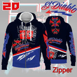 Sweatshirt capuche moto noir avec design graphique rouge blanc bleu el diablo pour équipe de moto racing