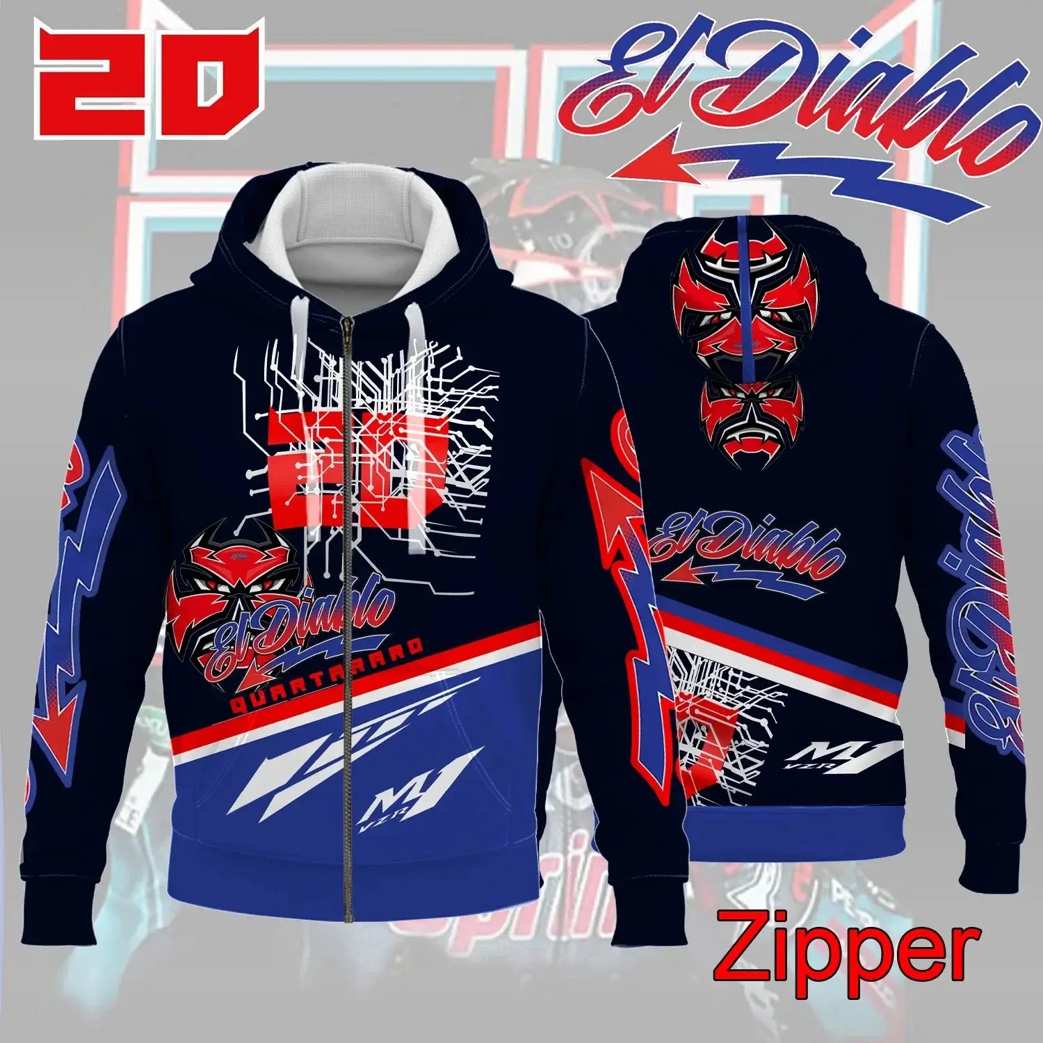 Sweatshirt capuche moto noir avec design graphique rouge blanc bleu el diablo pour équipe de moto racing