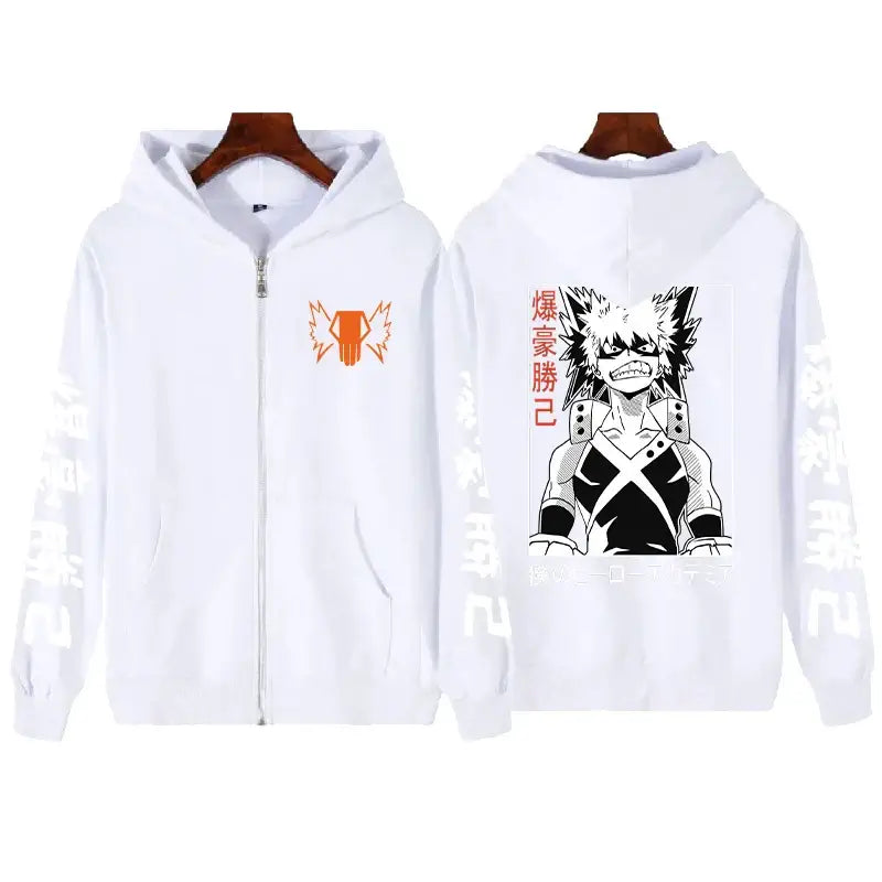 Sweatshirt à capuche hero academia blanc avec design manga bakugo au dos et emblem orange à lavant style manga streetwear