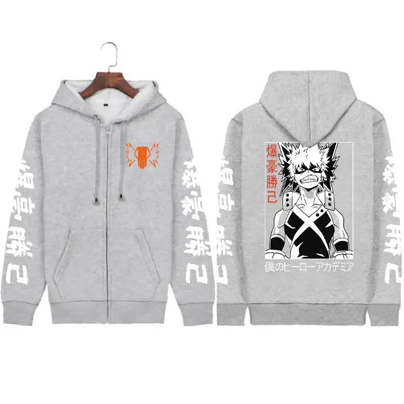 Sweatshirt à capuche hero academia gris oversize avec illustration manga bakugo au dos et logo orange devant