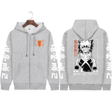 Sweatshirt à capuche hero academia gris oversize avec illustration manga bakugo au dos et logo orange devant