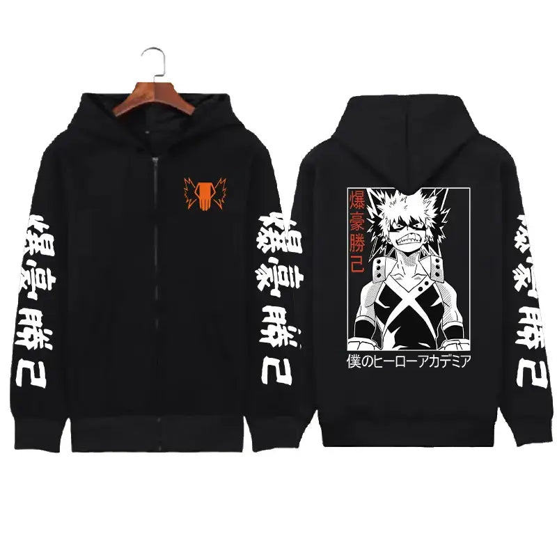 Vue arrière d un sweatshirt à capuche hero academia noir avec illustration izuku midoriya et emblem orange style manga streetwear