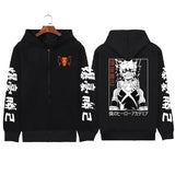Vue arrière d un sweatshirt à capuche hero academia noir avec illustration izuku midoriya et emblem orange style manga streetwear