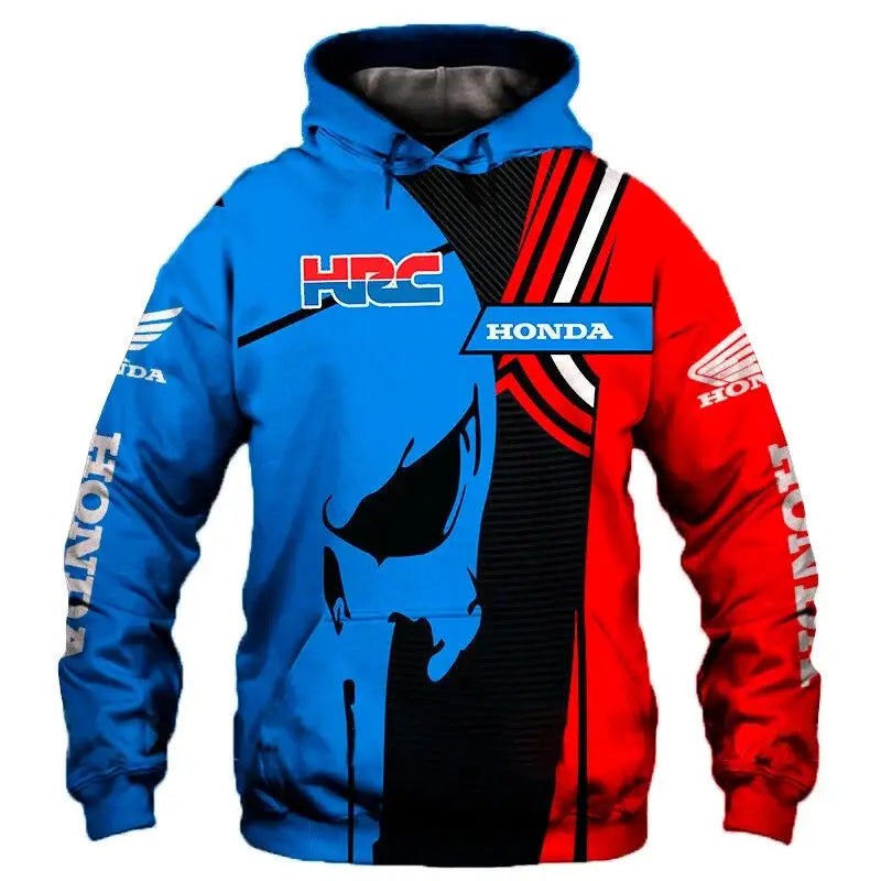 Sweatshirt capuche racing team honda bleu et rouge avec logo sur manches en polyester résistant et graphisme crâne noir