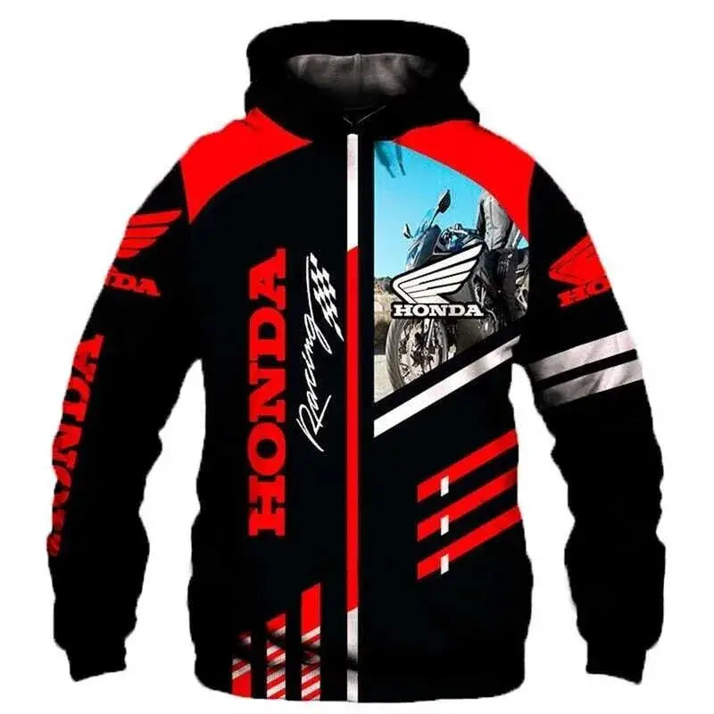 Sweatshirt capuche racing team honda noir et rouge en polyester résistant avec logo et graphisme moto intégral manches longues