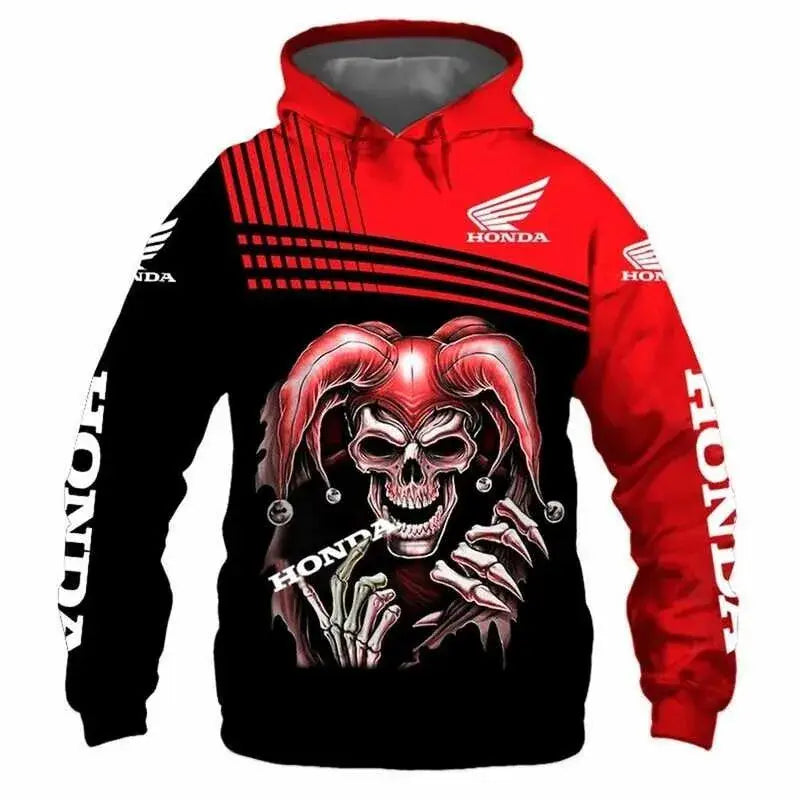 Sweatshirt capuche racing team honda rouge et noir avec design crâne de bouffon 3d en polyester résistant
