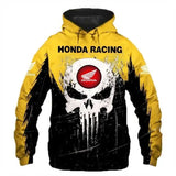 Sweatshirt capuche racing team honda jaune et noir en polyester résistant avec logo honda rouge et graphique crâne blanc