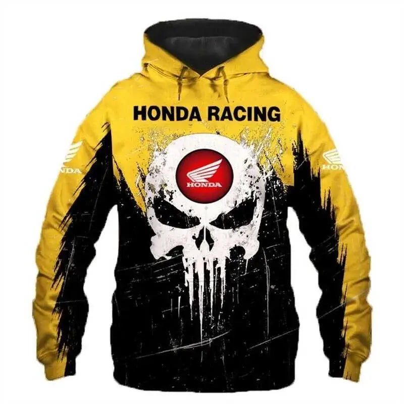 Sweatshirt capuche racing team honda jaune et noir en polyester résistant avec logo honda rouge et graphique crâne blanc