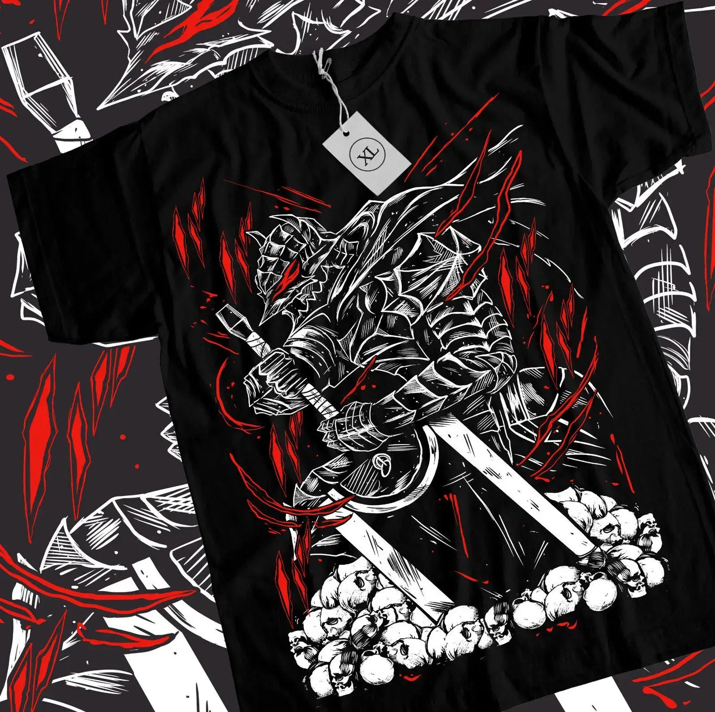 T-shirt anime berserk armure noir à manches courtes avec un graphisme blanc et rouge d’un guerrier en armure et grosse épée