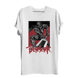T-shirt anime berserk swordman blanc à manches courtes avec graphisme noir et rouge du personnage griffith en armure