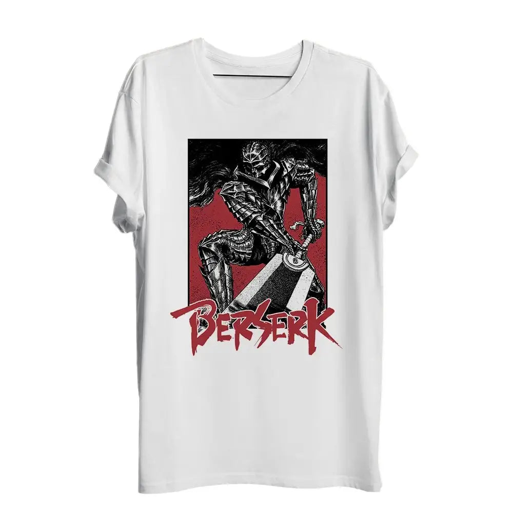 T-shirt anime berserk swordman blanc à manches courtes avec graphisme noir et rouge du personnage griffith en armure