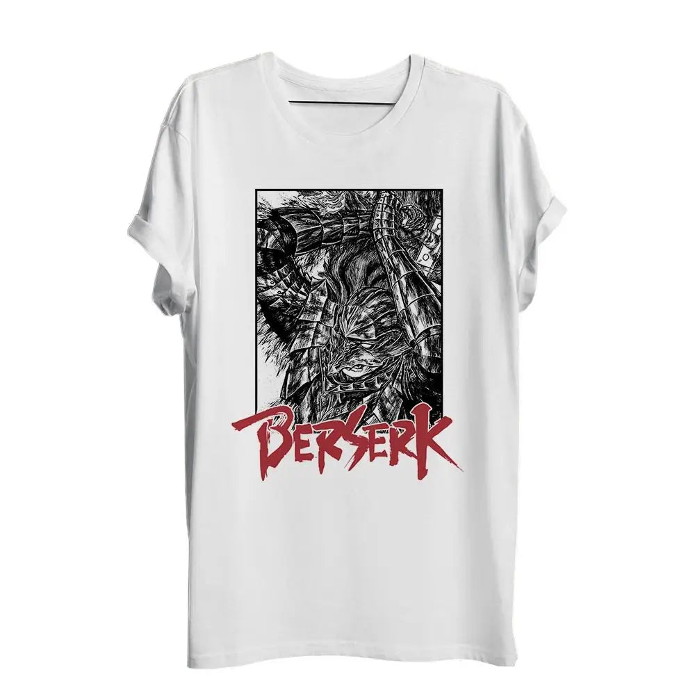 T-shirt anime berserk swordman blanc à manches courtes avec illustration encre noire d’un berserk en armure et lettrage rouge berserk