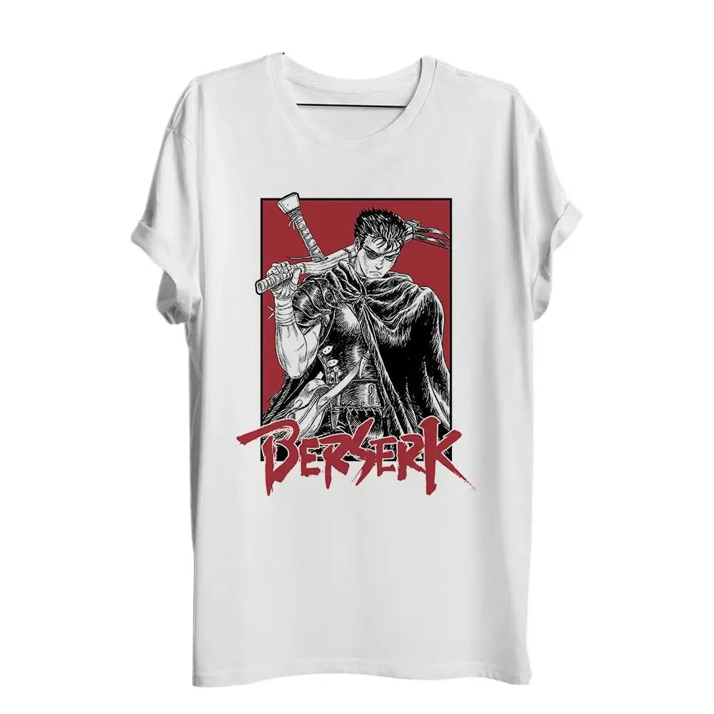 T-shirt berserk swordman blanc à manches courtes avec illustration black and white de guts sur fond rouge et logo berserk rouge