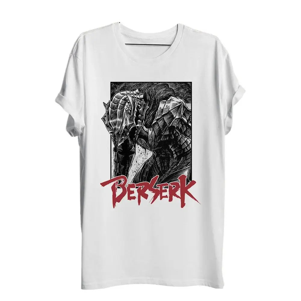 T-shirt berserk swordman blanc à manches courtes avec illustration encre noire d’un épéiste berserk et lettrage rouge