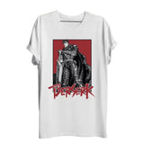 T-shirt berserk swordman blanc manches courtes avec illustration noir et blanc d un guerrier en armure tenant une épée sur fond rouge