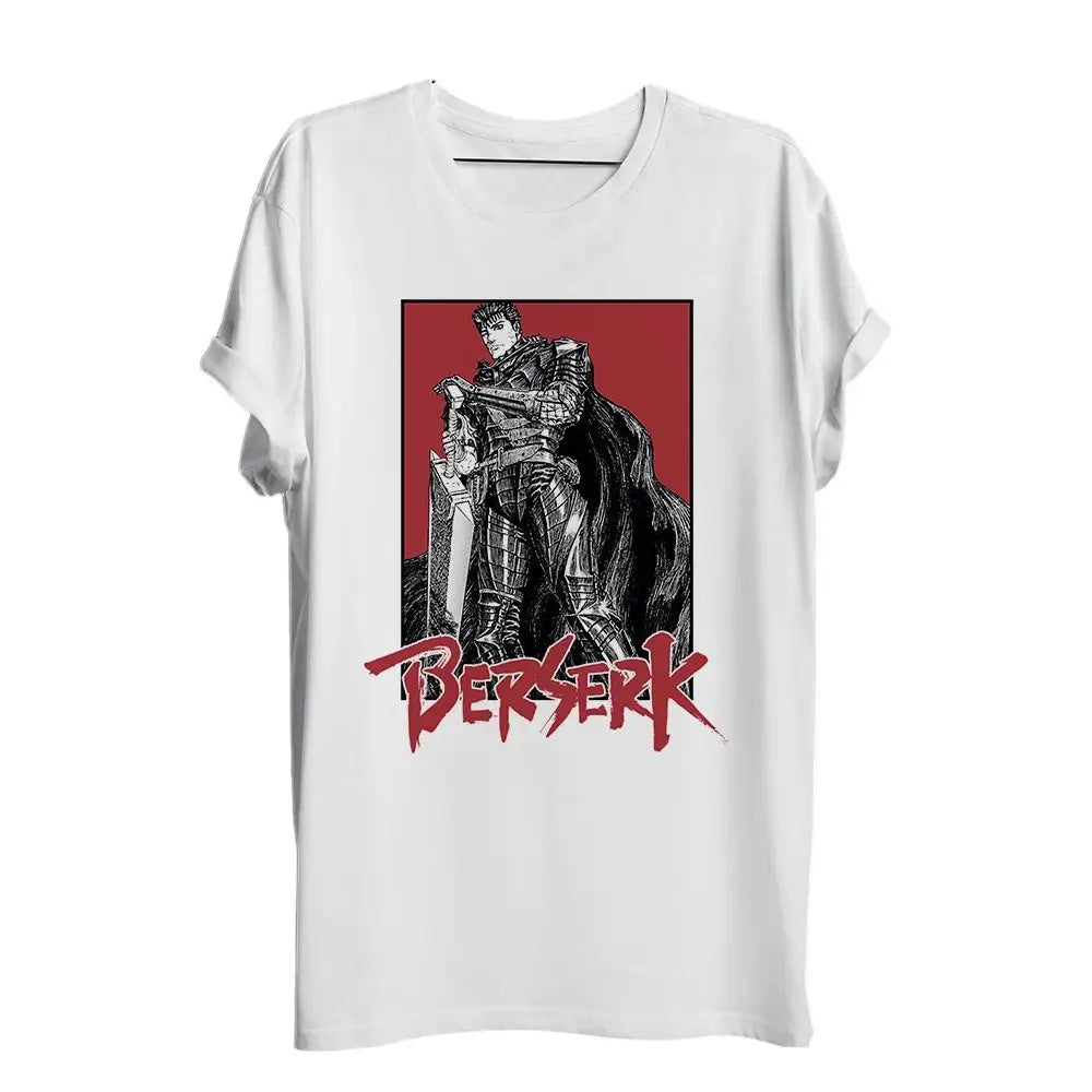 T-shirt berserk swordman blanc manches courtes avec illustration noir et blanc d un guerrier en armure tenant une épée sur fond rouge