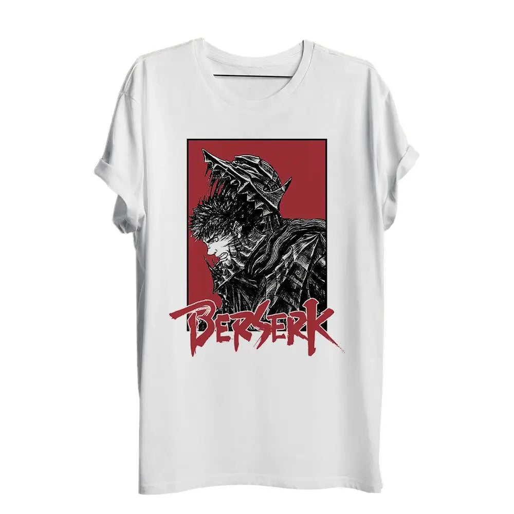 T-shirt berserk swordman blanc à manches courtes avec graphisme noir et rouge du personnage guts en armure