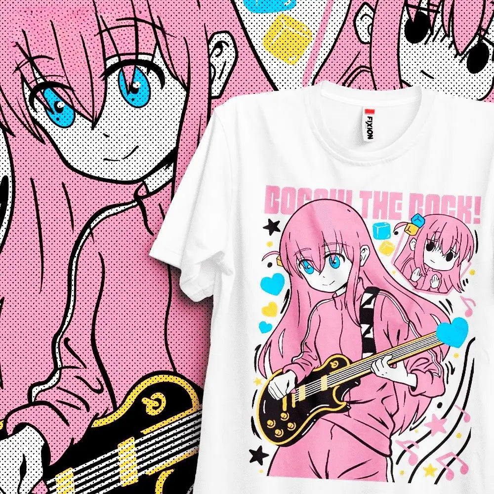 T-shirt bocchi the rock blanc en coton avec un personnage anime coco the rock aux cheveux roses jouant de la guitare électrique