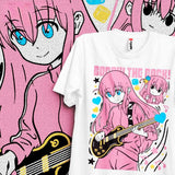 T-shirt bocchi the rock blanc en coton avec un personnage anime coco the rock aux cheveux roses jouant de la guitare électrique