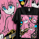 T-shirt bocchi the rock noir avec personnage anime bocchi aux cheveux roses jouant guitare électrique entouré d etoiles