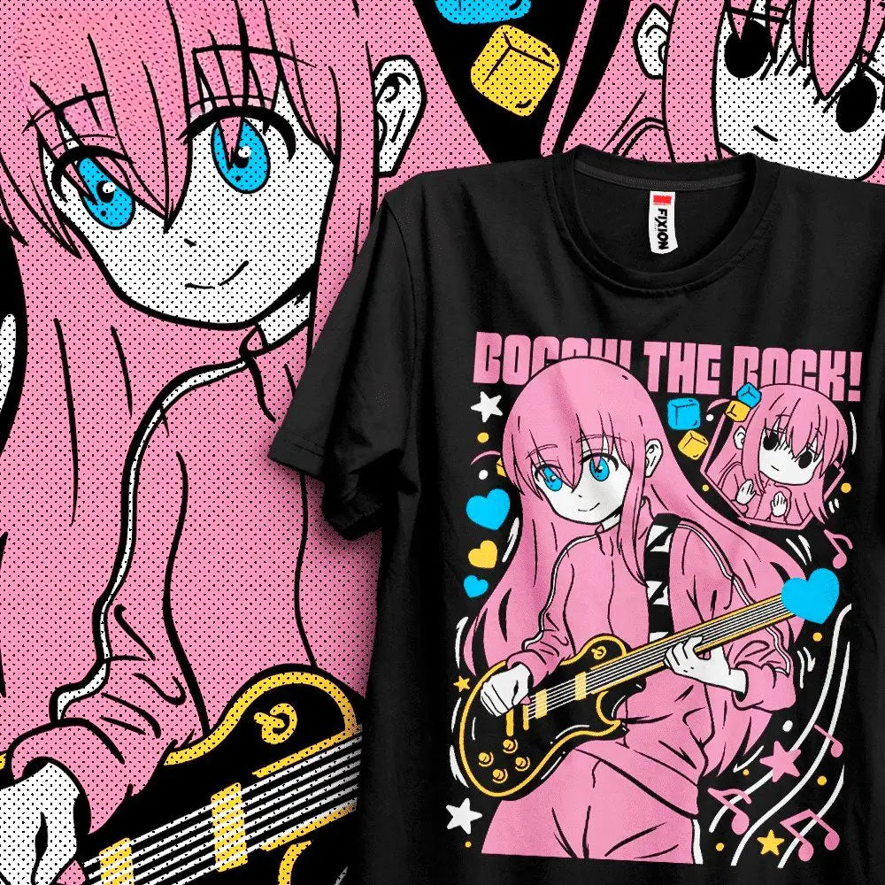 T-shirt bocchi the rock noir avec personnage anime bocchi aux cheveux roses jouant guitare électrique entouré d etoiles