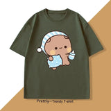 Olive green t-shirt anime unisexe featuring a bubu dudu kawaii cartoon baby with striped bonnet and bottle