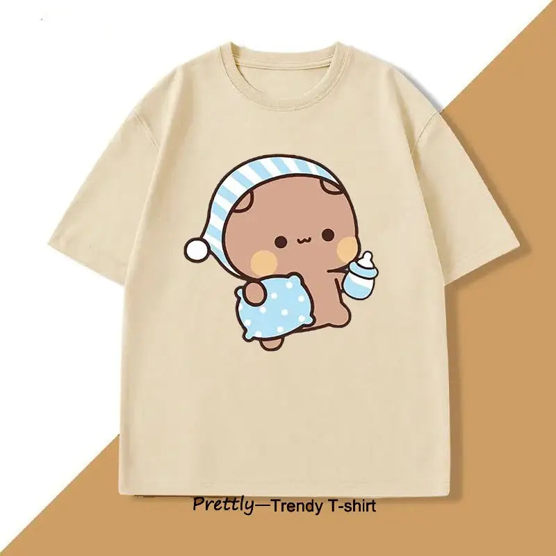 T-shirt anime beige court manches avec personnage bubu dudu kawaii bébé en chapeau rayé bleu blanc
