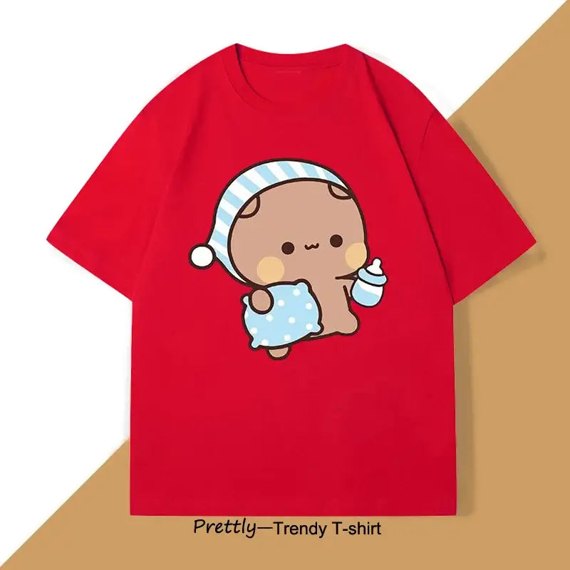 T-shirt anime bubu dudu kawaii rouge avec bébé cartoon en pyjama rayé tenant un biberon en coton unisexe