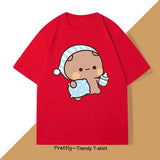 T-shirt anime bubu dudu kawaii rouge avec bébé cartoon en pyjama rayé tenant un biberon en coton unisexe