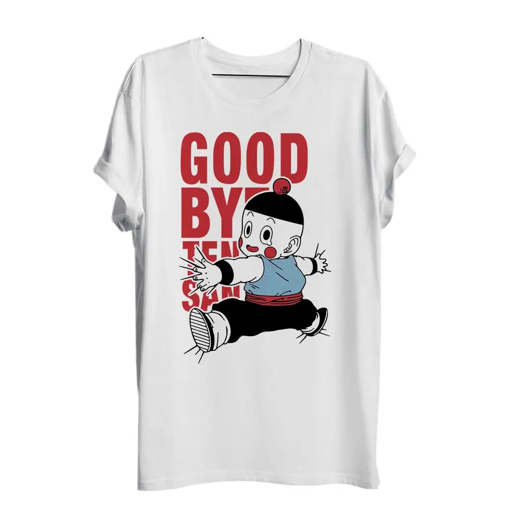 T-shirt chiaotzu blanc à manches courtes avec graphique cartoon tenchi et texte rouge good bye ten chi san tee shirt chaozu pop culture
