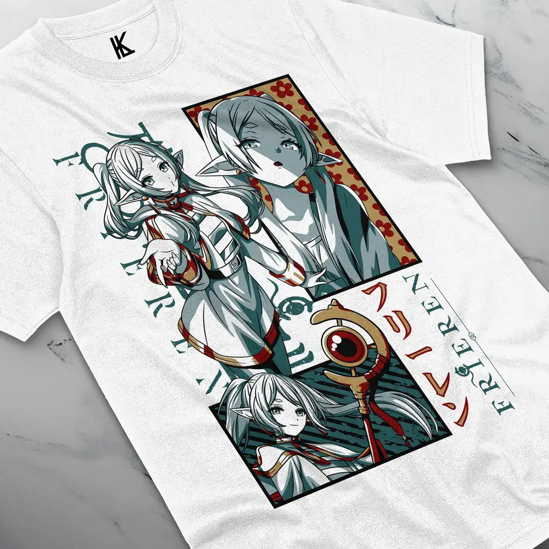 T-shirt anime coton frieren blanc en coton avec graphique détaillé de trois elfes et texte firen verticalement