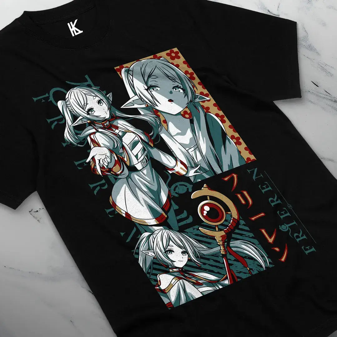 T-shirt anime coton frieren noir en coton avec illustration détaillée de trois elfes en tenues blanches et rouges