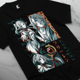 T-shirt anime coton frieren noir en coton avec illustration détaillée de trois elfes en tenues blanches et rouges