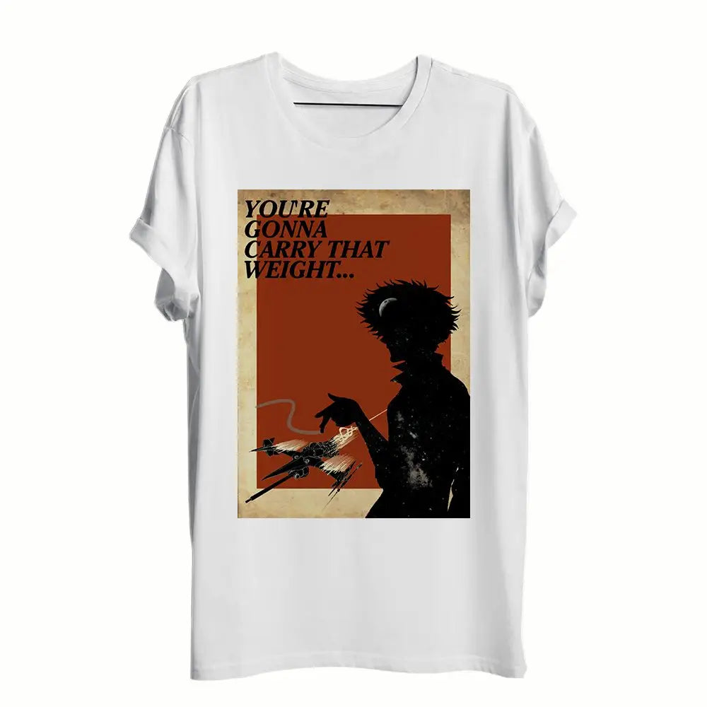 T-shirt anime cowboy bepop blanc en coton avec un motif vintage et texte you’re gonna carry that weight sur silhouette noire