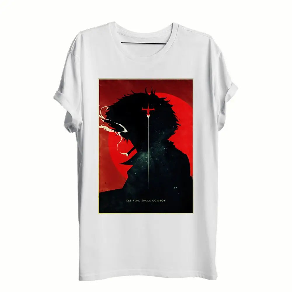 T-shirt anime cowboy bebop blanc manches courtes avec silhouette noire sur fond rouge et texte see you space cowboy