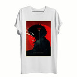 T-shirt anime cowboy bebop blanc manches courtes avec silhouette noire sur fond rouge et texte see you space cowboy