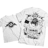 T-shirt death note blanc avec design captivant de light yagami en encre noire et logo l entouré de crânes à lavant