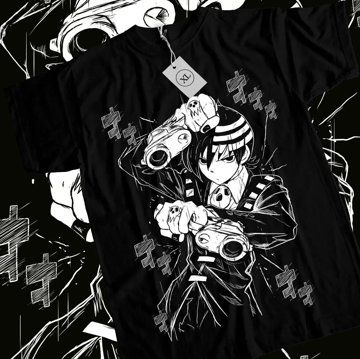 T-shirt anime death noir avec graphique blanc audacieux de death the kid soul eater tenant deux pistolets et motifs crâne
