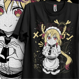 T-shirt anime dragon maid noir avec illustration vibrante dune servante blonde aux cornes et style décontracté