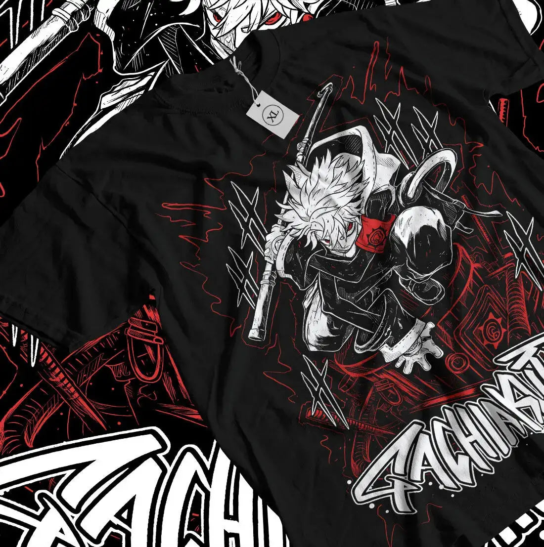 T-shirt anime gachiakuta coton premium noir avec graphique blanc et rouge d un personnage d anime tenant une épée