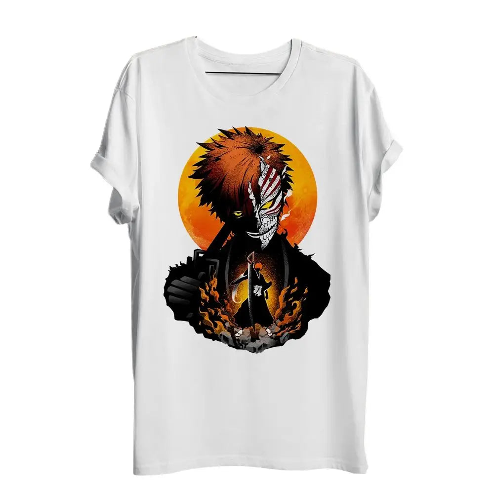 T-shirt ichigo kurosaki bleach blanc à manches courtes avec design vibrant de personnage anime aux flammes orange