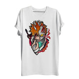 T-shirt ichigo kurosaki bleach blanc à manches courtes avec design vibrant d un personnage d anime au sabre